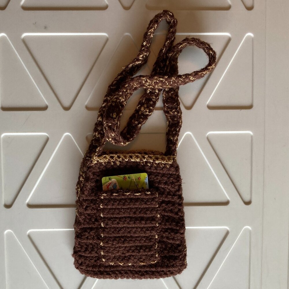 Crochet Cell Phone Bag - Brown & Gold